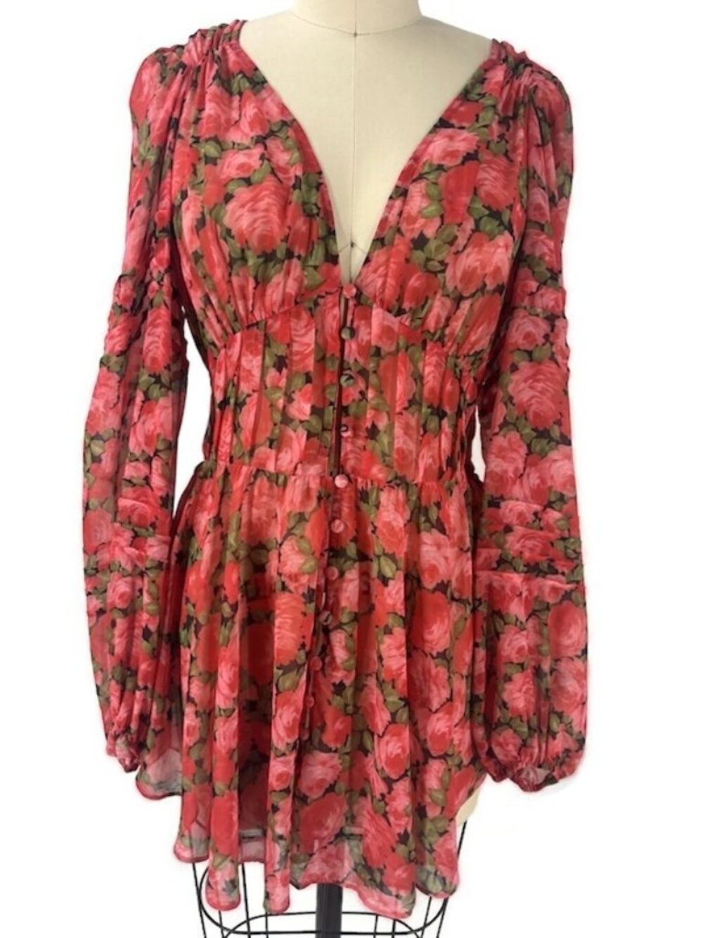 New For Love & Lemons Sheer Floral Mini Dress Womens S V Neck Long Sleeve